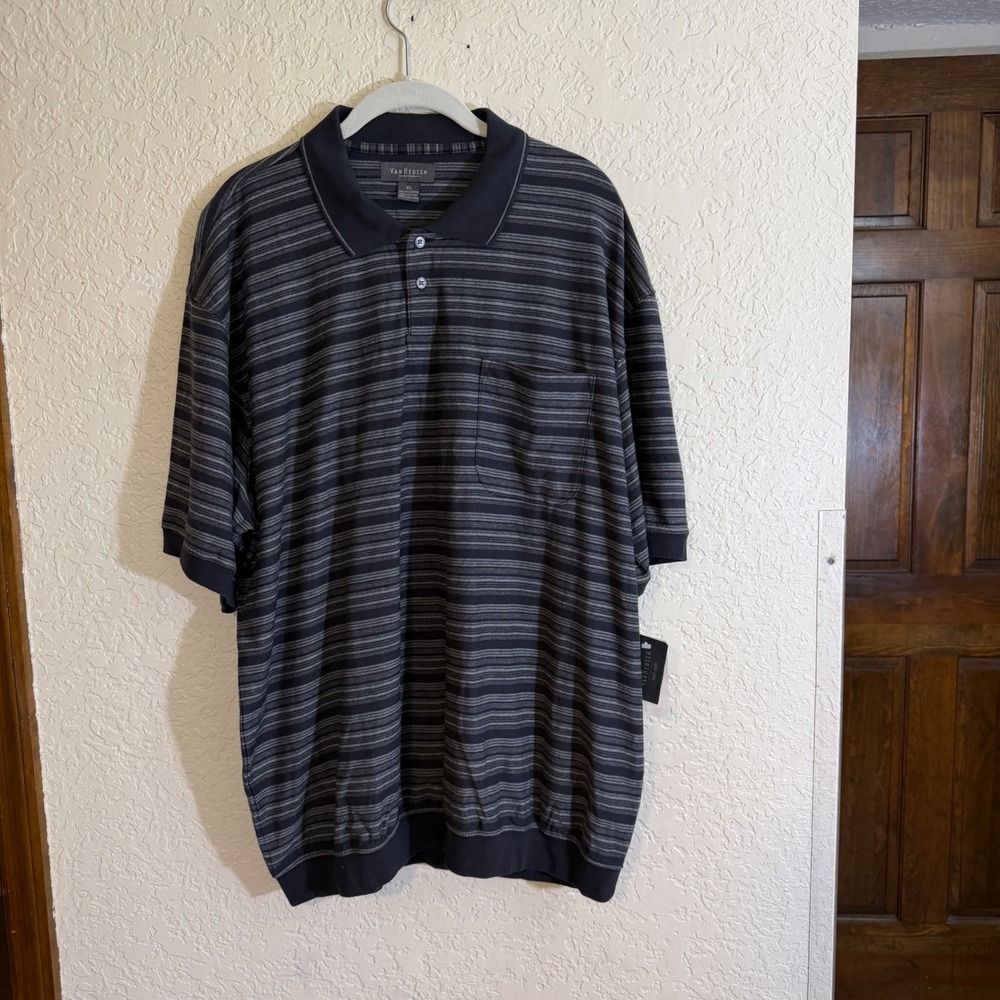 Van Heusen Polo Mens XL Black Striped Short Sleeve Pocket Banded Bottom NEW - Picture 2 of 8